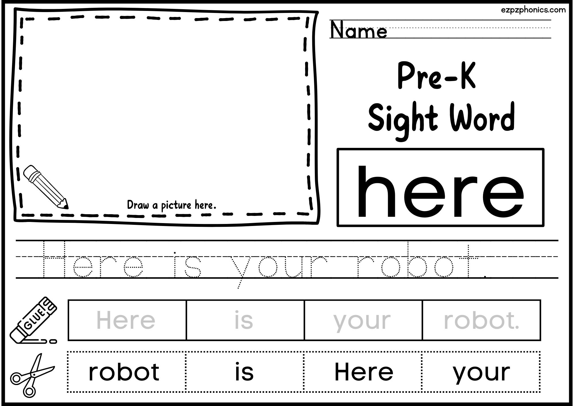 Here Dolch Sight Word Activity. Draw, Color, Cut and Paste, and Word Tracing.